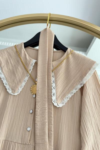 Bebe Yaka Dantel Detay Elbise Bej Bej