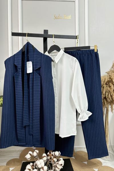 Çizgili Üçlü Takım Lacivert Lacivert