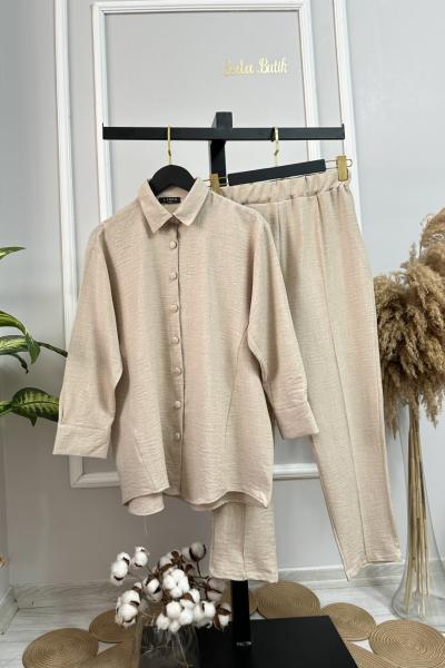 Düğmeli Karsu Takım Taş Rengi Taş Rengi