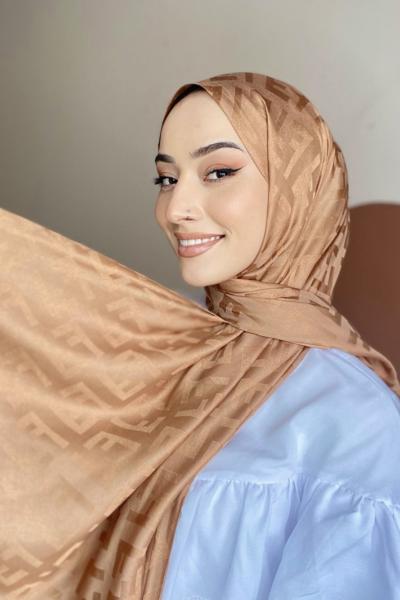 F Desen Jakarlı İpek Şal Camel Camel
