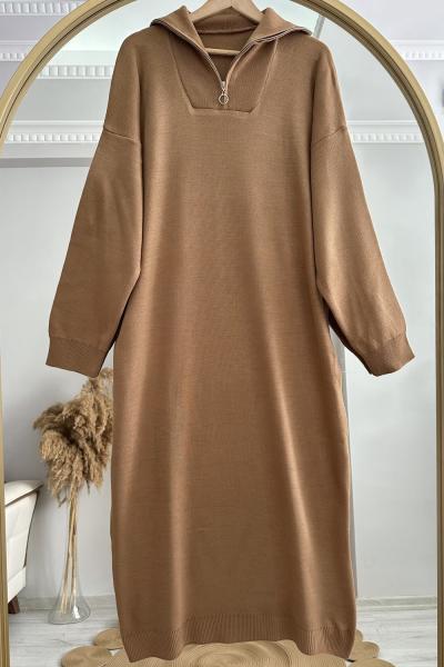 Fermuar Detay Elbise Camel Camel