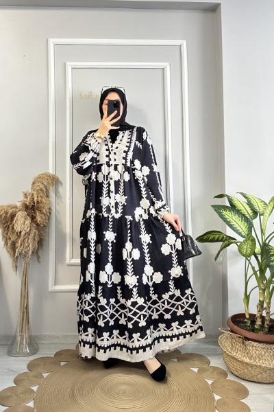 Viskon Pamuk Elbise Yonca Siyah Siyah