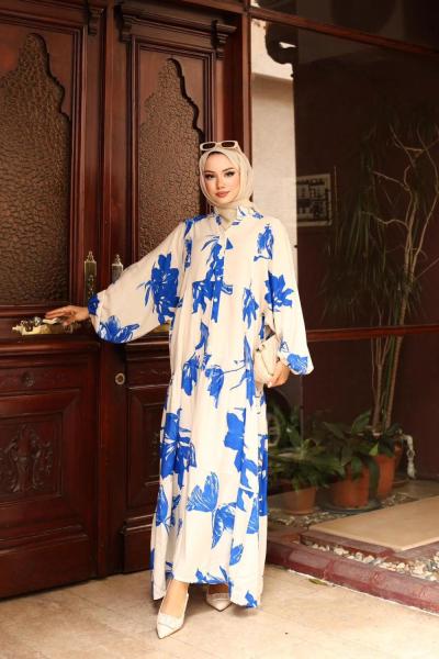 Akasya Viskon Pamuk Elbise Mavi Mavi