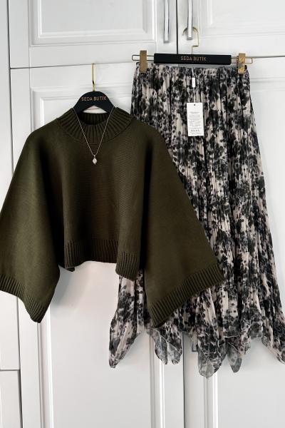 Asimetrik Tül Etek Kazak Kombin  Haki