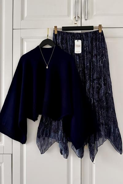 Asimetrik Tül Etek Kazak Kombin  Lacivert