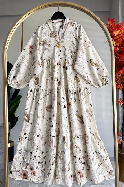 Bahar Mango Elbise Ekru Ekru