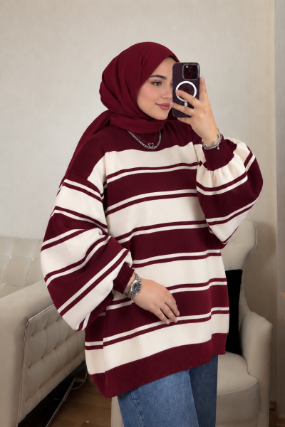 Balonkol Çizgili Tunik Bordo Bordo