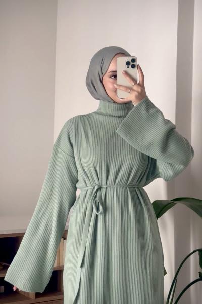 Basic Triko Elbise Çağla Yeşili Yeşil