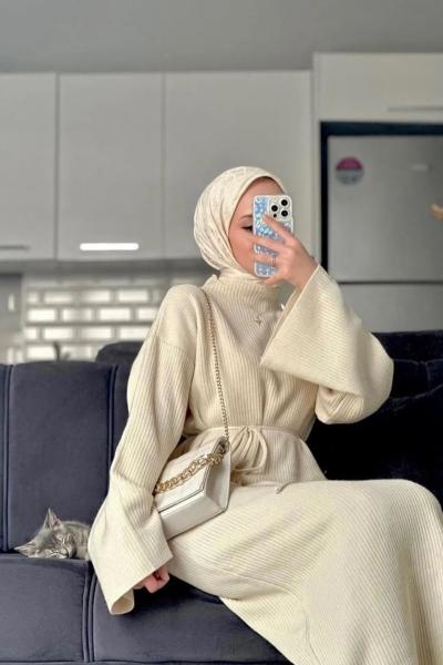 Basic Triko Elbise Krem Krem