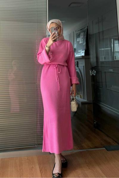 Basic Triko Elbise Pembe Pembe