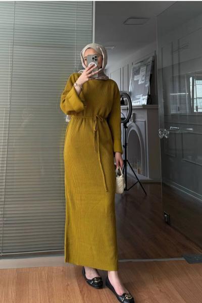 Basic Triko Elbise Yağ Yeşili Yağ Yeşili