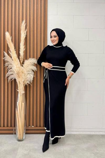 Bel Bağlamalı Triko Elbise Siyah Siyah