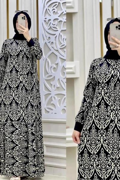 Biyeli Etnik Desen Elbise Siyah Siyah