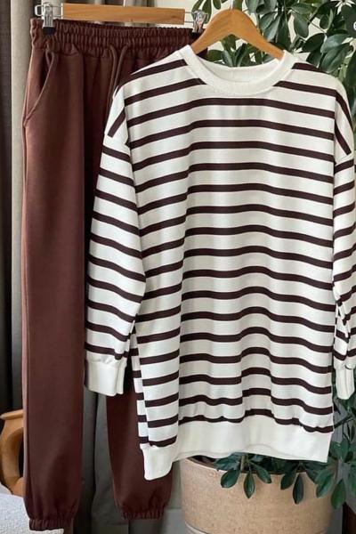 Çizgili Sweat Beyaz Acıkahve Acı Kahve