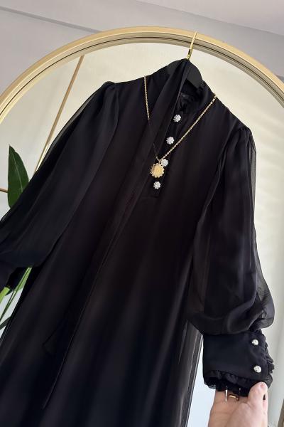 Düğmeli Şifon Elbise Siyah Siyah