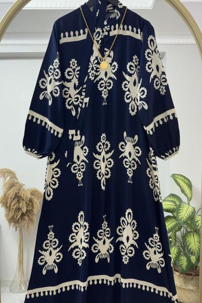 Düğmeli Viskon Nevin Elbise Lacivert  Lacivert