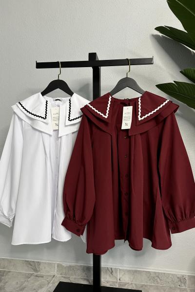 Garnili Yaka Gömlek Bordo Bordo