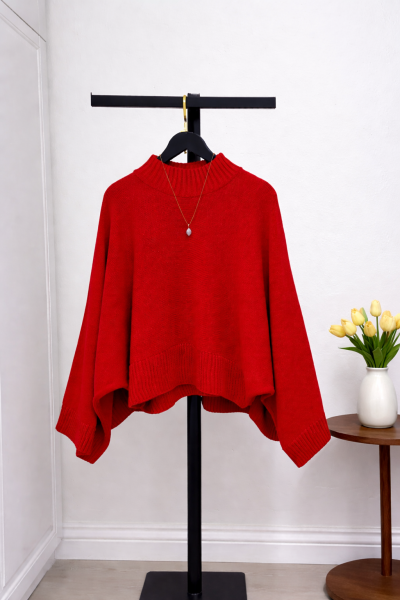 Geniş Kol Yarasa Kazak Kırmızı  Kırmızı