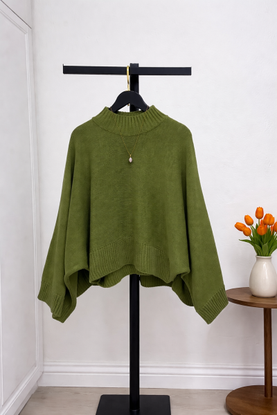 Geniş Kol Yarasa Kazak Yeşil Yeşil