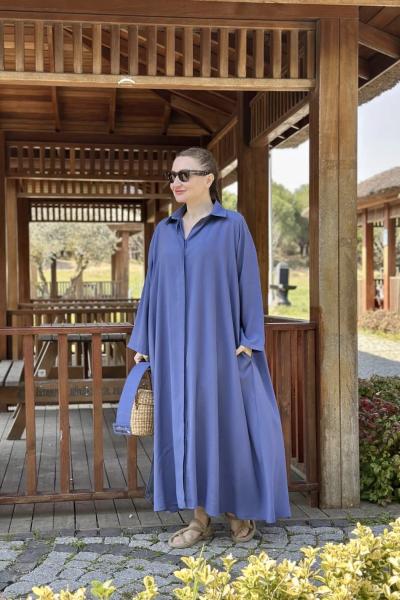 Gizli Pat Düğmeli Tensel Elbise İndigo Mavi