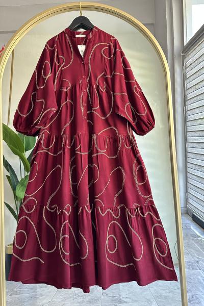 Gold Varak Nakışlı Elbise Bordo Bordo