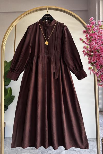 Güpür Detay Sude Elbise Kahve Acı Kahve