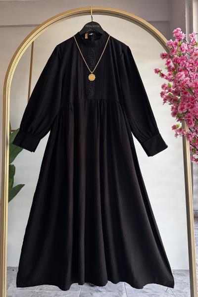 Güpür Detay Sude Elbise Siyah Siyah