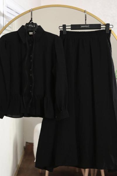 İnce Kuşaklı Etek Takım Siyah Siyah