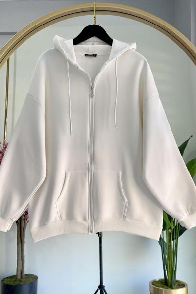 Kapüşonlu Fermuarlı Üç iplik Hırka Beyaz Beyaz