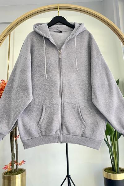 Kapüşonlu Fermuarlı Üç iplik Hırka Gri Gri