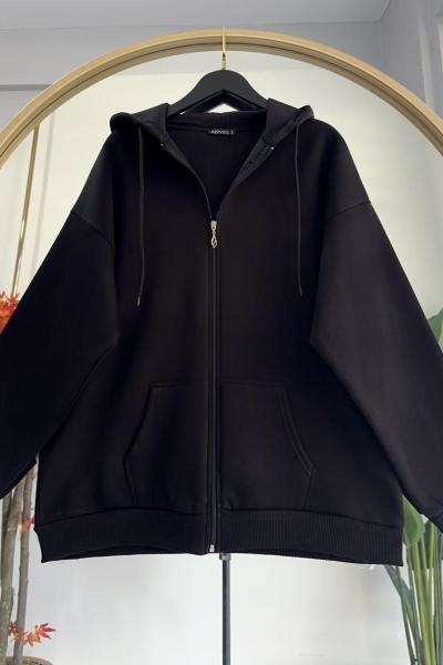 Kapüşonlu Fermuarlı Üç iplik Hırka Siyah Siyah