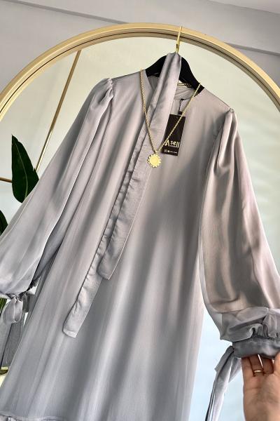 Kuşak Detay Şifon Elbise Gri Gri