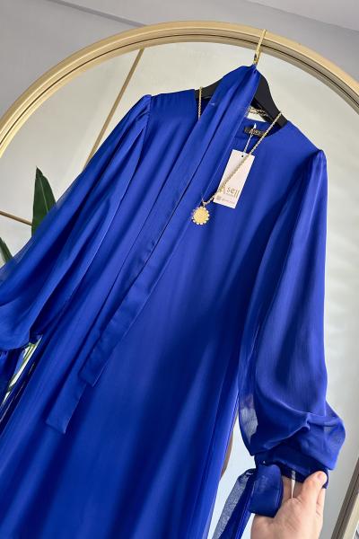 Kuşak Detay Şifon Elbise Saks Mavisi  Saks Mavisi