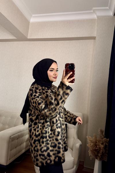 Leopar Desen Hırka Siyah Kahverengi