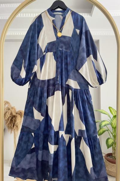 Lotus Viskon Elbise Lacivert  Ekru Lacivert