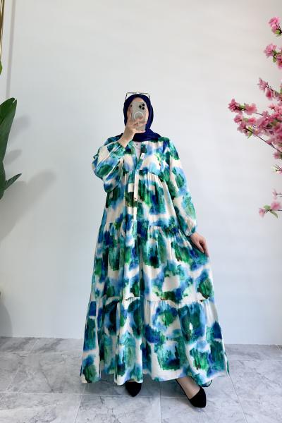 Mango Kumaş Elbise Nar Çiçeği Mavi Mavi