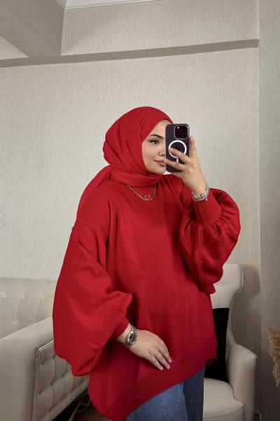 Merserize Balonkol Triko Tunik Kırmızı  Kırmızı