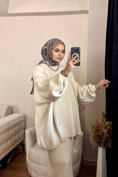 Merserize Triko Etek Takım Ekru Beyaz Ekru