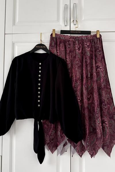 Modal Gömlek Asimetrik Etek Kombin  Bordo