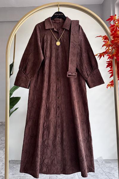 Nakış Detay Aden Elbise  Acı Kahve