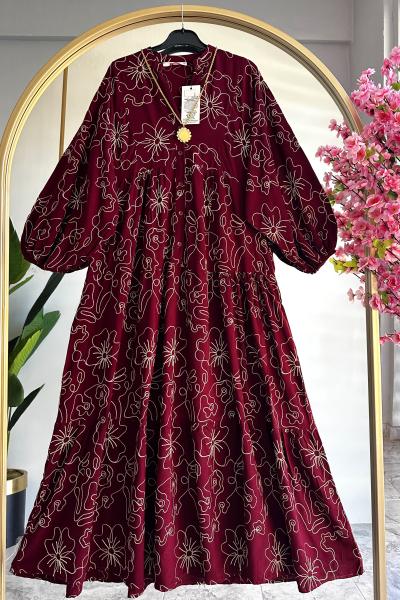Nakışlı Meyra Viskon Elbise  Bordo