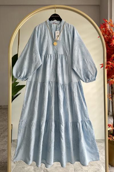 Nakışlı Yaprak Elbise Mavi Mavi