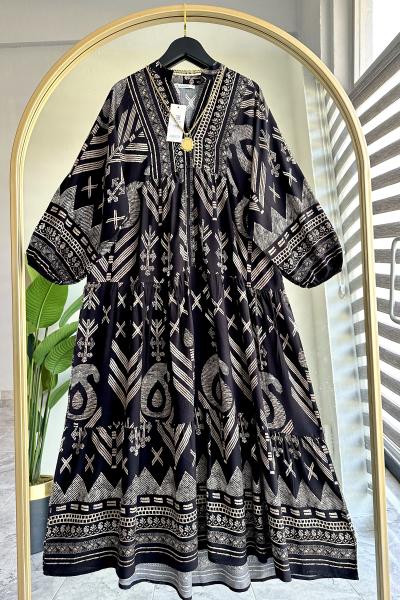 Nazar Viskon Pamuk Elbise Siyah Siyah