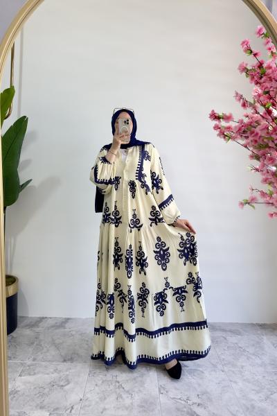 Nova Elbise Krem Lacivert  Krem