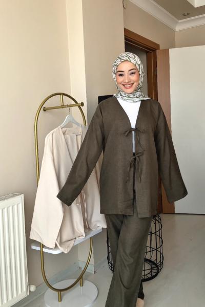 Önden Bağlamalı Kimona Takım Haki Haki