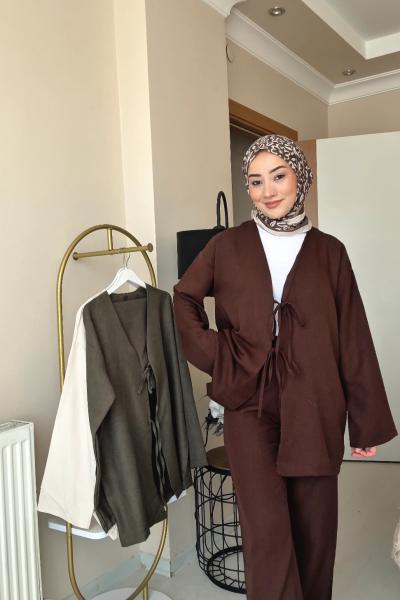 Önden Bağlamalı Kimona Takım Kahve Acı Kahve