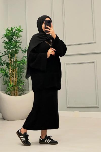 Örme Triko Etekli Takım Siyah Siyah