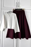 Oysho Bluz Ekru Beyaz Poplin Etek Bordo Ekru Bordo