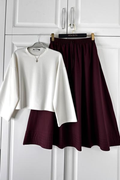 Oysho Bluz Ekru Beyaz Poplin Etek Bordo Ekru Bordo