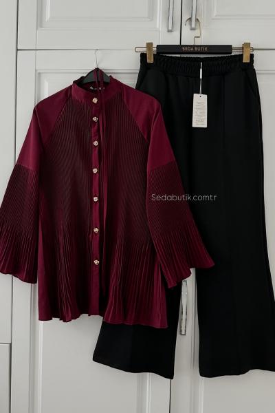 Pliseli Gömlek Bordo Scuba Pantolon Siyah Kombin Bordo Siyah